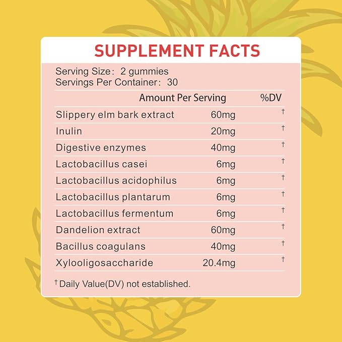 Women's Probiotic Gummies, Pineapple Flavor - 3B CFU Bacillus Coagulans with Lnulin, Dandelion Root & Slippery Elm - Support Gut Health & Digestive Balance, 60 Gummies