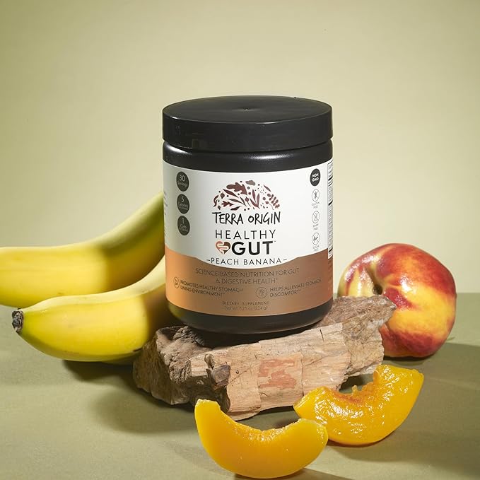 TERRA ORIGIN Healthy Gut Peach Banana | 30-Servings with L-Glutamine, Zinc, Glucosamine, Slippery Elm Bark, Marshmallow Root and More!