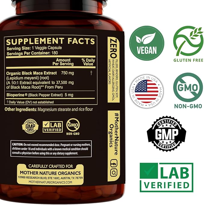 Black Maca Root 50:1 750mg – 180 Capsules Organic Peruvian Maca Peruana Supplement for Men | High Potency Energy, Mood & Performance Support | Vegan, Non-GMO