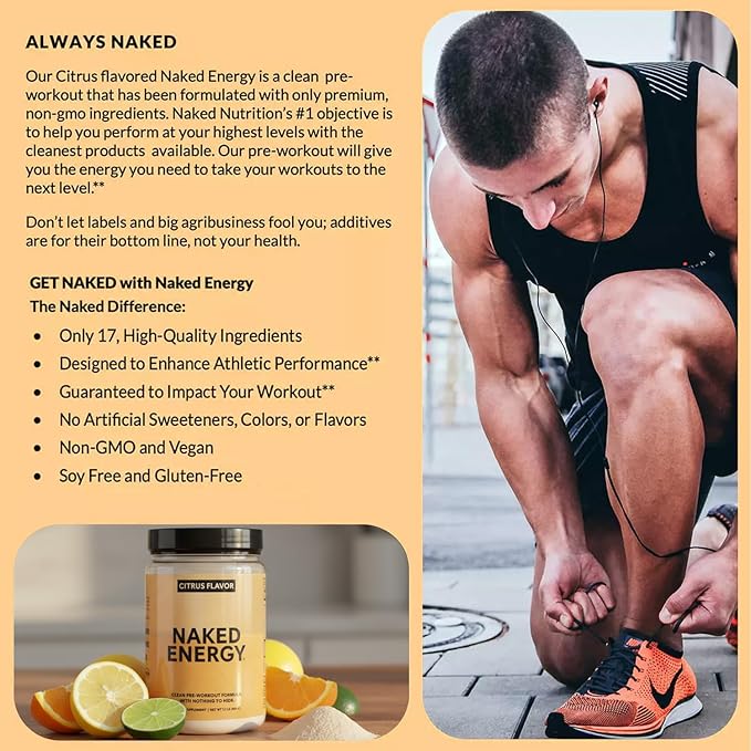 NAKED Citrus Energy - Citrus Flavored Clean Pre Workout Supplement for Men and Women, NSF Certified, Vegan Friendly, No Added Sweeteners, Colors Or Flavors - 30 Servings