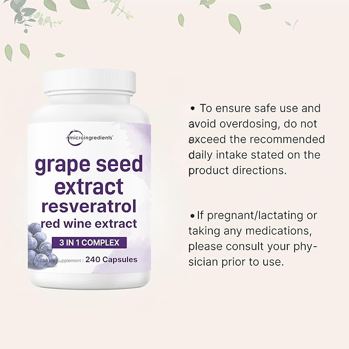 Micro Ingredients Grape Seed Extract, 240 Capsules | 3-in-1 Antioxidant Blend with Resveratrol & Red Wine Extracts | Max Strength Polyphenols Supplement | Non-GMO