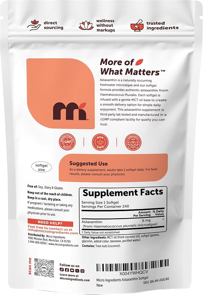Micro Ingredients Astaxanthin 6mg with MCT Oil, 240 Softgels | Premium Astaxanthin Antioxidant Supplements* | Fresh Microalgae Source | Triple Strength, Non-GMO, Gluten Free, No Soy