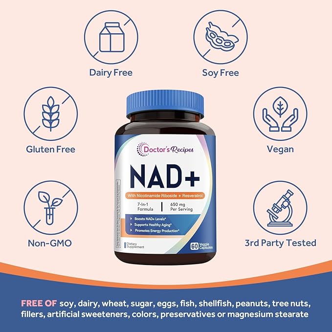 Doctor's Recipes NAD Supplement, Nicotinamide Riboside, Resveratrol, NMN Alternative for Anti-Aging, w/Magnesium Glycinate & L-Tryptophan, 650mg Per Serving, Energy & Mood Boost, 60 Vegan Capsules