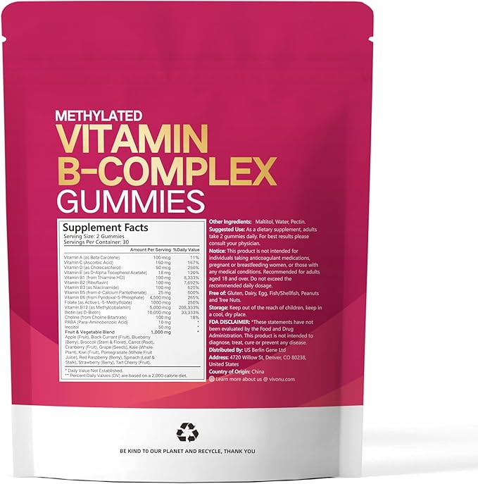 VivoNu Vitamin B Complex Gummies, 6000 mcg Methylated Vitamin B12, with B6 B1, B2, B3, B5, B7, Methylfolate, Vitamins A C D E, Vegan, Non GMO, Methylated B Complex Vitamin (3 Bag)