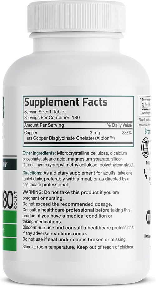 Bronson Copper Glycinate 3mg Chelated Superior Absorption Non-GMO, 180 Vegetarian Tablets