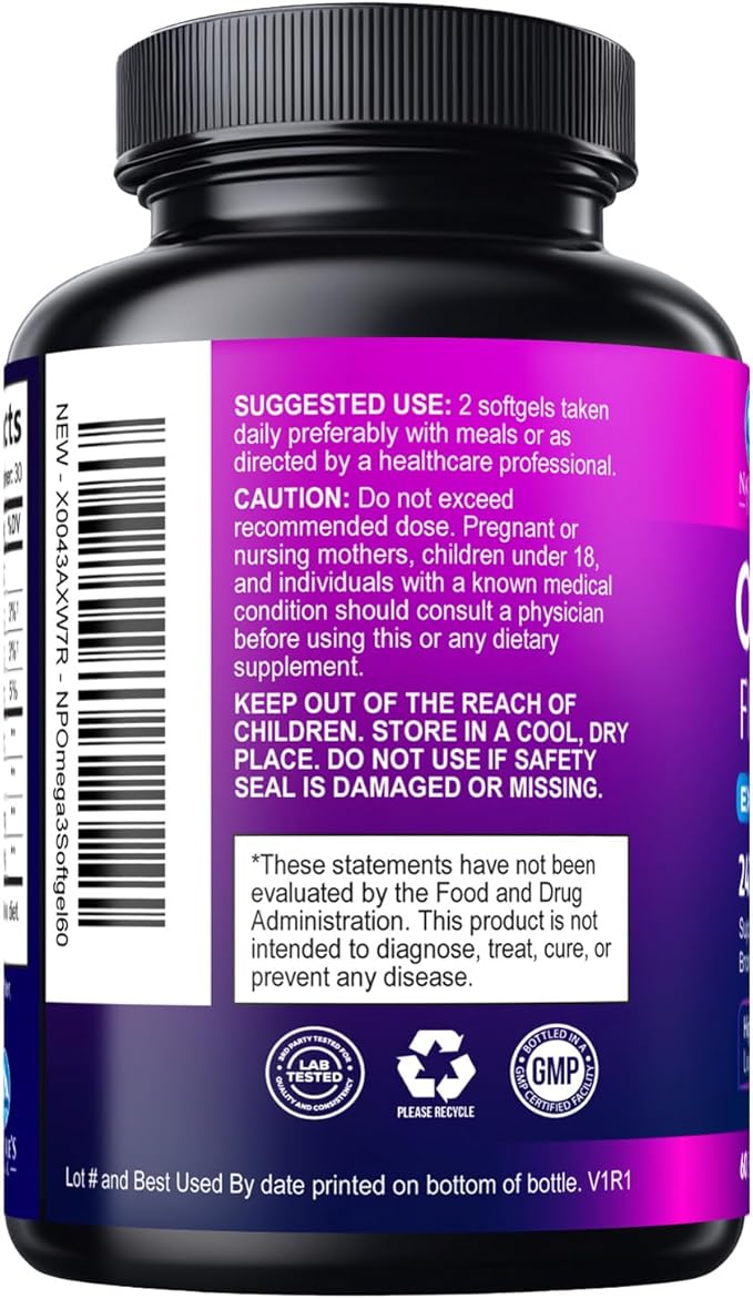 Omega 3 Fish Oil Supplements - 2400mg Fish Oil Per Serving - Triple Strength Omega-3 with Fatty Acids EPA & DHA - Natural Heart, Brain & Immune Support - Wild Caught, Bottled in USA - 60 Softgels