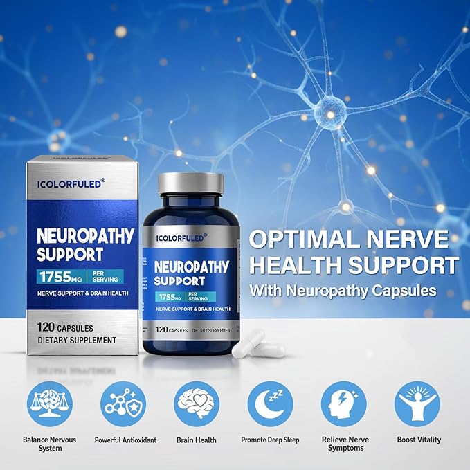 icolorfuled Neuropathy Supplements, Nerve Savior for Neuropathy with 600 Mg Alpha Lipoic Acid & B Vitamins, Fortify Nerves in Fingers, Hands, Neck, Toes, & Feet, 120 Capsules | 40-Day Supply