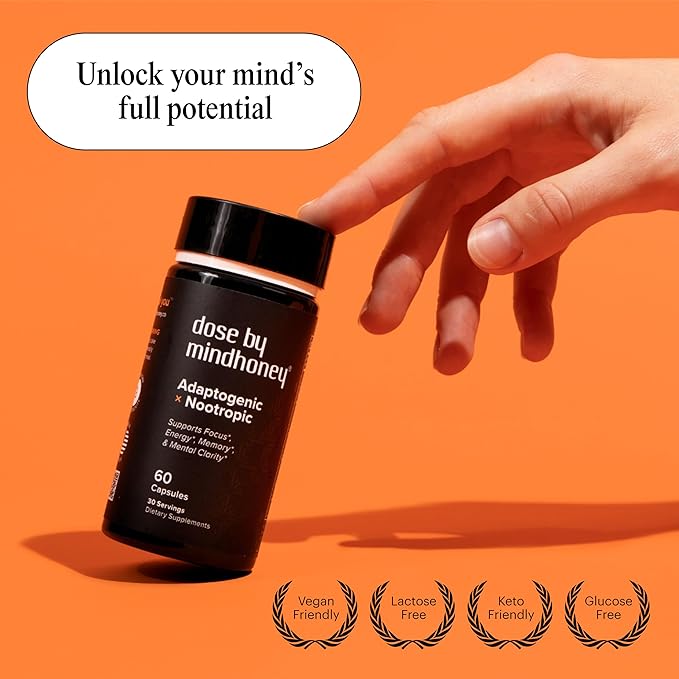 MINDHONEY | DOSE 60 Count, Premium All-in-One Nootropic Brain Supplement | Focus, Mood, Energy, & Memory | Functional Mushrooms & Adaptogens - Lion’s Mane, Ashwagandha, L-Theanine, Bacopa, & Vitamins