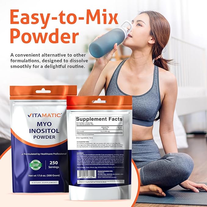 Vitamatic Myo-Inositol Powder 2000 mg per Serving | 500 g (250 Servings) | Pure Powder | No Sugar | No Fillers | Non-GMO | Dietary Supplement
