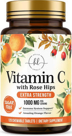 Vitamin C 1000mg Per Serving - Extra Strength with Rose Hips Bioflavonoids - Sugar Free Vitamin C Chewable Pills, Vit C Supplement for Immune Support & Antioxidant, USA Bottled - 120 Chewable Tablets