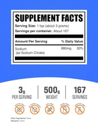 BulkSupplements.com Sodium Citrate Powder - Sodium Citrate Food Grade, Emulsifier, Flavor Enhancer - Gluten Free, 3g per Serving, 500g (1.1 lbs) (Pack of 1)