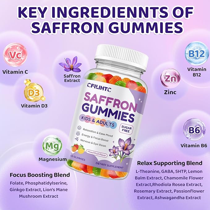 Saffron Gummies for Kids & Adults, 20-in-1 Saffron Supplements with 88.5mg Saffron Extract, B6, B12, C, D3, Magnesium for Calm, Focus, Nerve, Sugar Free, Vegan, Non-GMO - Mixed Fruit Flavor, 60 Counts