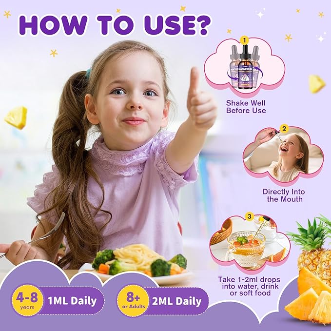 Magnesium Glycinate Liquid for Kids - Magnesium Bisglycinate Drops with L-Theanine, Chamomile & Vitamin B6, B12, C, D3 for Sleep, Relaxation, Immune Support, Calm & Focus - 2 Fl Oz, Pineapple Flavor