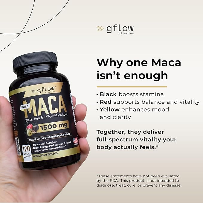 Organic Maca Root Capsules for Women & Men - Black, Red, Yellow Peruvian Maca Root Extract & Black Pepper - 120 Vegan Pills - Supports Energy, Performance & Mood | Made in USA