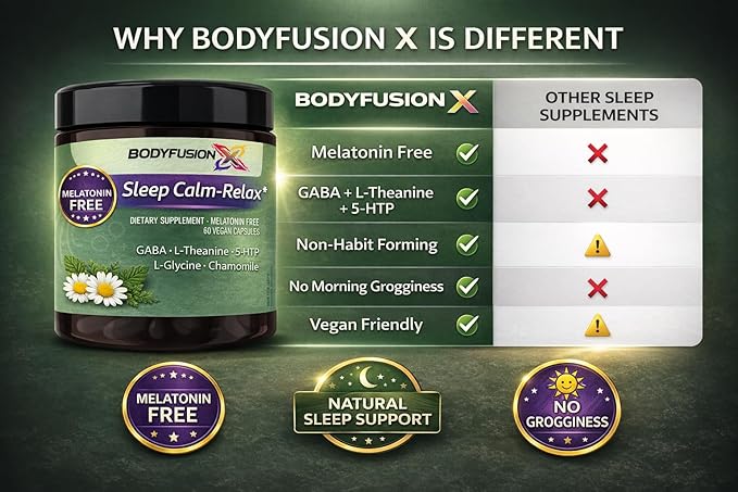 BodyFusionX Sleep Aid for Adults – Melatonin Free Nighttime Stress Support for Deep Rest & Next Day Energy – Ashwagandha KSM-66, L-Theanine & Lemon Balm – 60 Capsules
