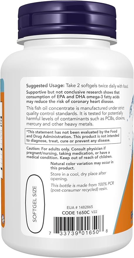 NOW Supplements, Omega-3 180 EPA / 120 DHA, Molecularly Distilled, Cardiovascular Support, 100 Softgels, (Pack of 2)