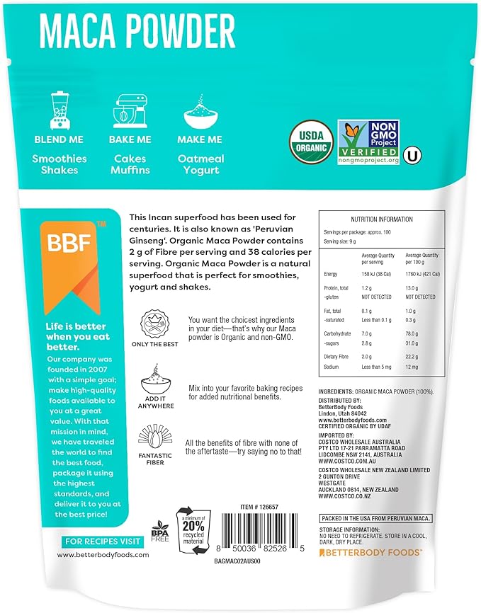 BetterBody Foods Organic Maca Powder,Non-GMO & Gluten-Free,12 Ounce,(Pack of 2)