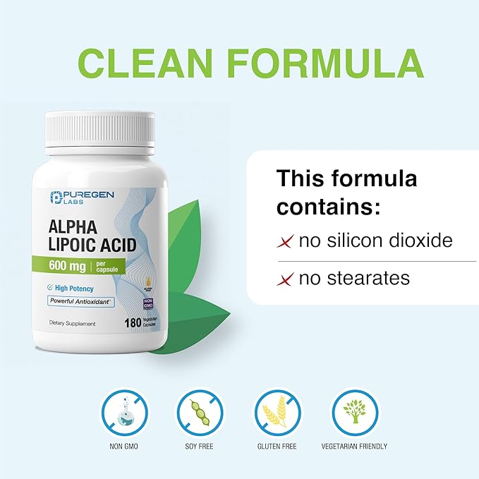 Puregen Labs Alpha Lipoic Acid 600mg [High Potency] 180 Servings - Antioxidant Support | No Harmful Additives | Non-GMO, NO Gluten and Dairy, 600 mg per Veggie Capsule
