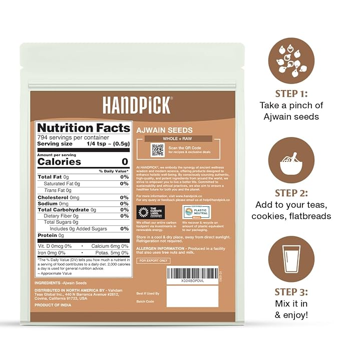 HANDPICK Ajwain Seeds (397g/14oz) Whole Carom Seeds | Vegan, Gluten free, Non GMO | Raw Carom Bishops, Indian Origin | Packed in Resealable Ziplock Pouch