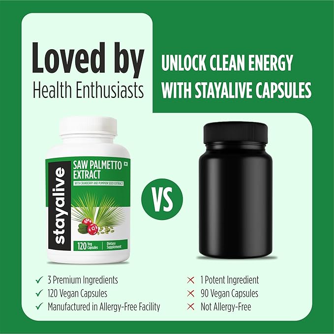 STAY ALIVE Saw Palmetto Extract Capsules w/Cranberry & Pumpkin Seed Oil, 120 Vegan Pills, Extra Strength Saw Palmetto for Men and Women, Non-GMO, Gluten-Free Pumpkin Seed Supplement