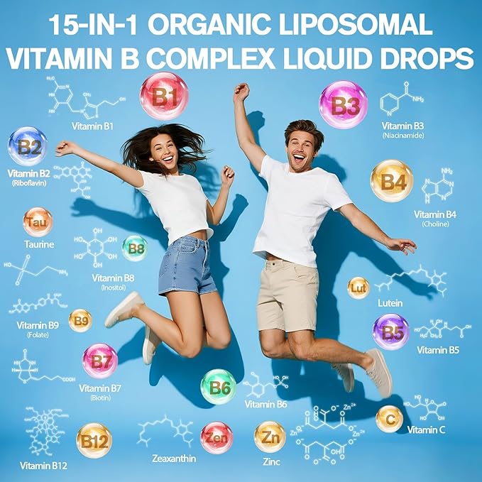 15-in-1 Liposomal Vitamin B Complex Pro, B Complex Drops with Vitamin B1, B2, B3 Niacinamide, Choline, B5, B6, B7 Biotin, Inositol, Folate, B12, Zinc, Lutein, Zeaxanthin, Taurine, Vitamin C, 2 fl oz