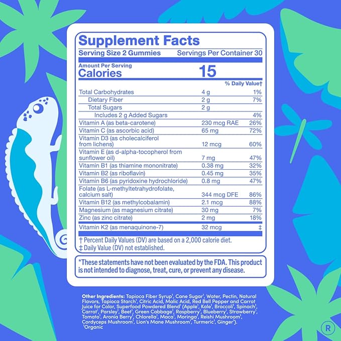 FIRST DAY Vitamins for Teens - Teen Multi Vitamins for Girls & Boys 12-17, Organic Fruit & Veggie Blend - 12 Key Nutrients: Vitamins A, B1, B2, B6, B9, B12, C, D3, E, K2-30 Day Supply