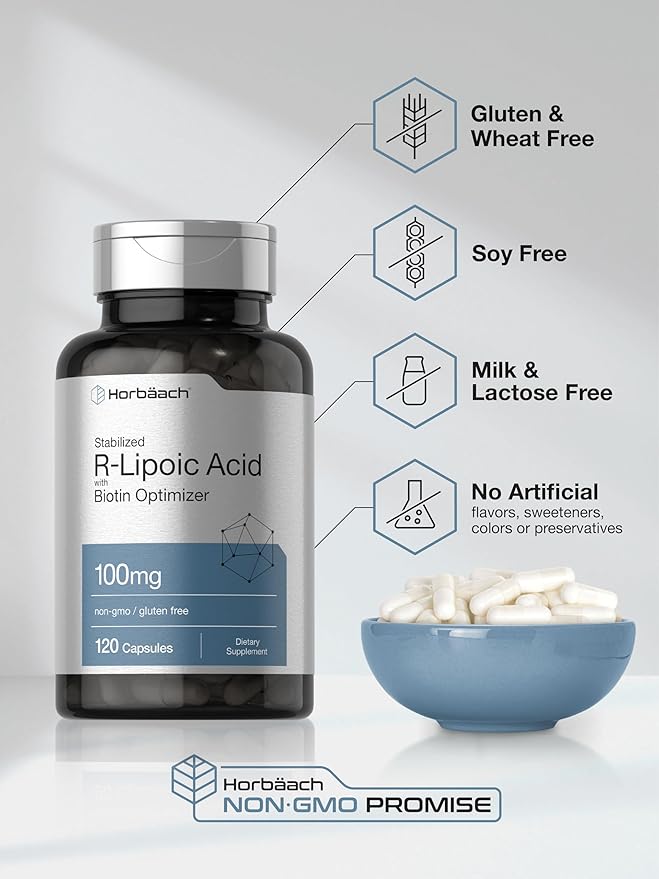 Horbaach R-Lipoic Acid 100 mg | 120 Capsules | with Biotin Optimizer | Non-GMO, Gluten Free | Stabilized R-Lipoic Acid Supplement
