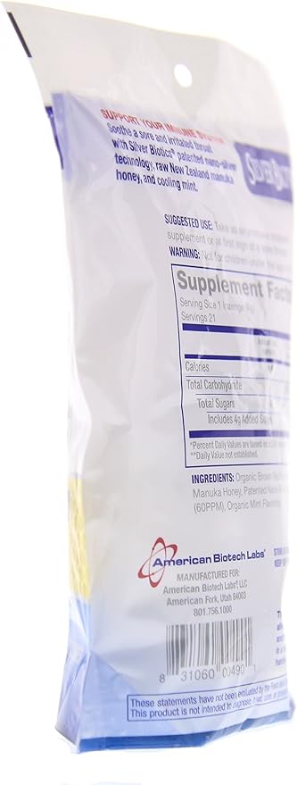 American Biotech Labs Silver Biotics Silver Lozenges w/60ppm SilverSol and Manuka Honey, Mighty Manuka Mint (21 Count) (2 Pack)