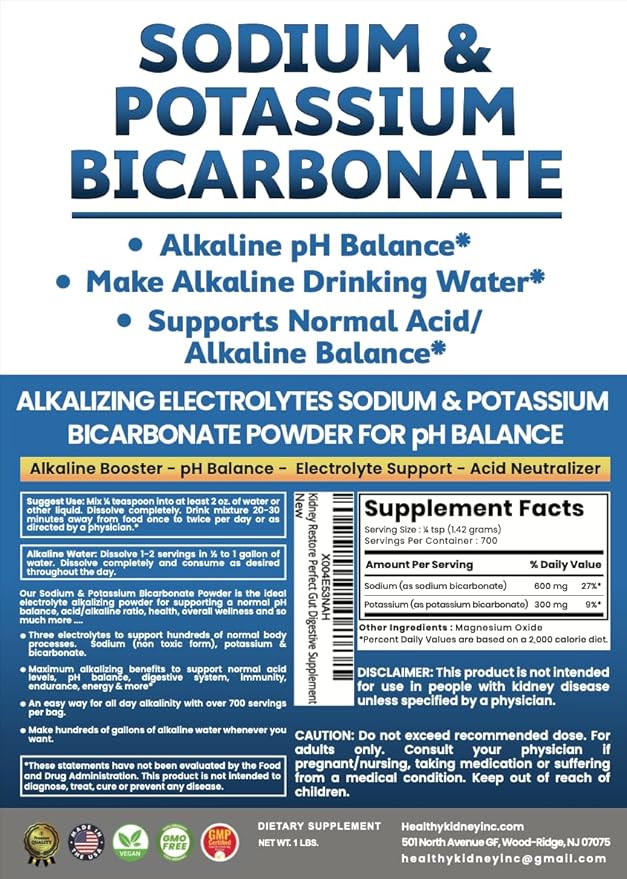 Sodium Bicarbonate Powder & Potassium Bicarbonate Powder pH Balance Supplement. Make Gallons of Alkaline Water Drops for Acid/Alkaline pH Balance, Stomach Immune Performance. Alkaline Drinking Water