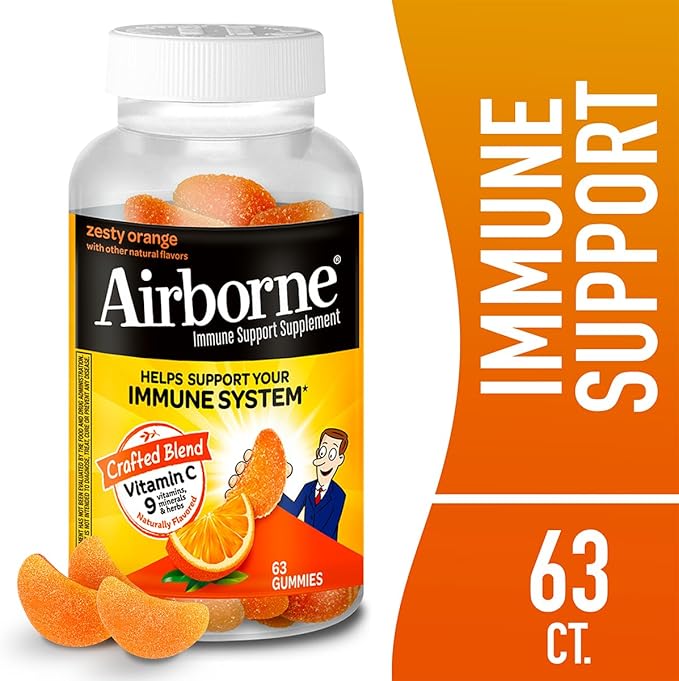 Airborne 750mg Vitamin C Immune Support Supplement Gummies for Adults, Zesty Orange Flavor, Gluten Free Crafted Blend with Powerful Antioxidants Vitamins A C & E, 63 Gummies (3 Pack)
