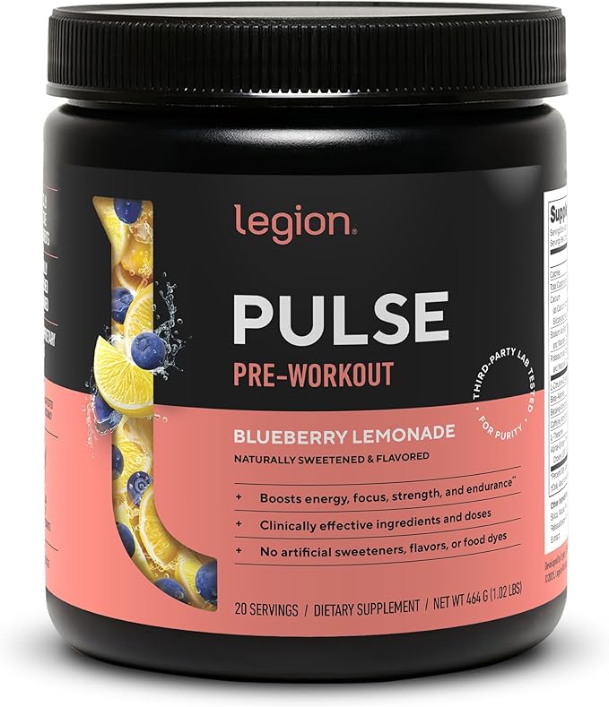LEGION Pulse Pre Workout - All Natural Nitric Oxide Preworkout Drink to Boost Energy, Creatine Free, Naturally Sweetened, Beta Alanine, Citrulline, Alpha GPC (Blueberry Lemonade)