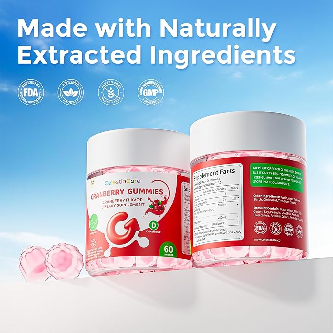 Cranberry Gummies with Probiotics & D-Mannose for Women & Men – Bladder & Urinary Tract Health, Digestive & Immune Support, Sugar Free, Vegan, Non-GMO, 60 Count