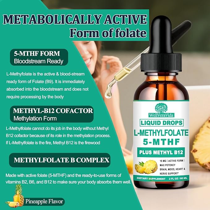 Methylfolate Supplement for Adult & Kids, L Methyl Folate 15mg Plus Methyl B12 B6 B2 Multivitamin, Metabolically Active 5-MTHF Form for Mood Homocysteine Methylation Cognition Energy Nerve Health*