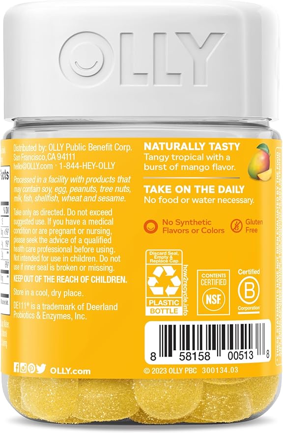 OLLY Probiotic Gummy, Immune and Digestive Support, 1 Billion CFUs, Chewable Probiotic Supplement, Mango, 25 Day Supply - 50 Count