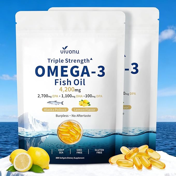 VivoNu Triple Strength Omega 3 Fish Oil - 4200mg, 300 Softgels | Enteric-Coated for No Fishy Aftertaste | Wild-Caught | Third-Party Tested