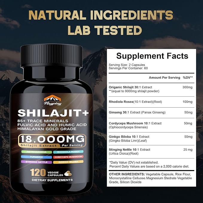 Shilajit Capsules, Himalayan Organic Shilajit for Men and Women, with Ashwagandha Ginseng, Fulvic Acid and More Trace Minerals - 120 Capsules