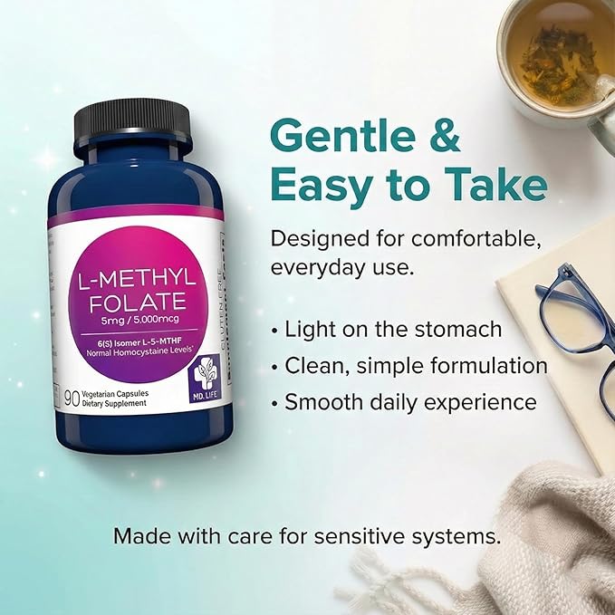 MD Life L-Methylfolate 5mg - Professional-Grade Active Methylfolate Supplement - Maximum Potency MTHFR Supplements - L methylfolate 5mg 90 Capsules - Essential Amino Acids