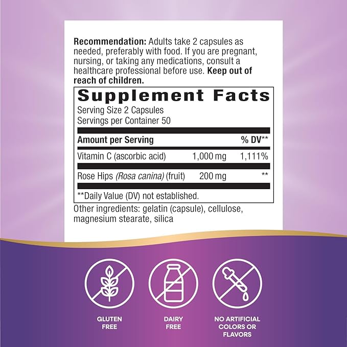Nature's Way Vitamin C with Rose Hips, Powerful Antioxidant & Immune Function Support from Vitamin C*, Promotes Collagen for Healthy Skin*, 1,000 mg Vitamin C, 100 Capsules (Packaging May Vary)