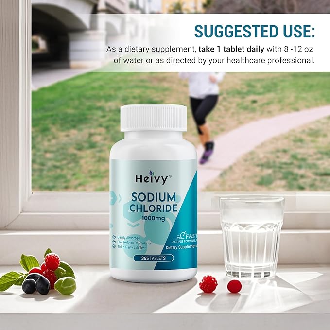 Heivy Sodium Chloride Tablets 1000mg - Pure Salt Tablets, 365 Tablets, Sodium Chloride, Non-GMO - Electrolyte Balance and Hydration Support, Electrolytes Replenisher Hydration Drink
