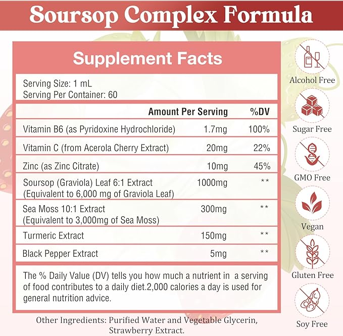 7-in-1 Soursop Bitters Liquid, Soursop Oil with Sea Moss & Turmeric & Vitamin for Immune & Digestive & Cell Support, Sugar-Free | Non-GMO | Vegan (2 Fl oz) Strawberry