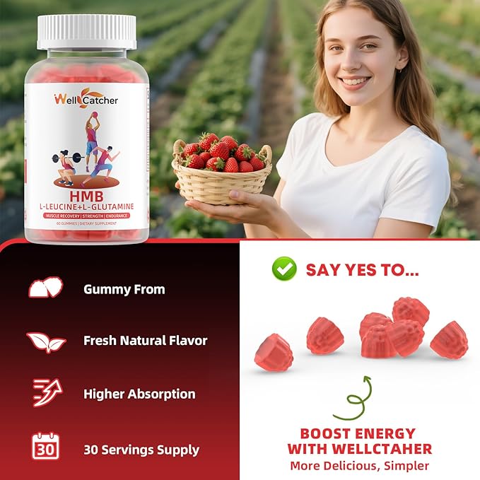HMB and Leucine Amino Acid Gummies: HMB Supplements for Men Women with L-Glutamine for Muscle Growth Fast Workout Recovery, Sugar Free Vegan Non-GMO Strawberry Flavored 30 Day Supply