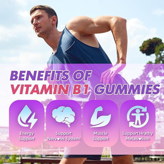 2 Pack Vitamin B1 Gummies 500mg for Adults & Kids – High Potency Thiamine B1 Supplement for Energy & Nervous System Support, Sugar-Free, Raspberry Flavor, 120 Count
