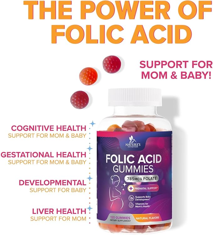 Folic Acid Gummies for Women - Folate 785 mcg Per Serving - Essential Prenatal Vitamins for Mom & Baby, Vegan Folic Supplement Gummy, Daily B9 Vitamin, Before During After Pregnancy - 120 Gummies