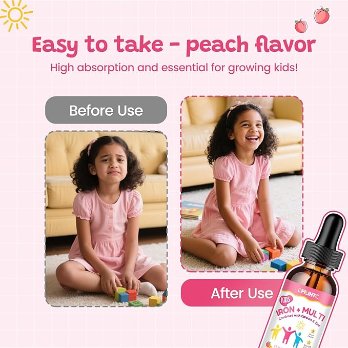 Liquid Iron Supplement for Kids, Women & Men - with Calcium, Zinc, Kids Multivitamin with Iron Drops - Blood Builder & Energy Support for Iron Deficiency, Anemia, Peach Flavor 2 Fl Oz