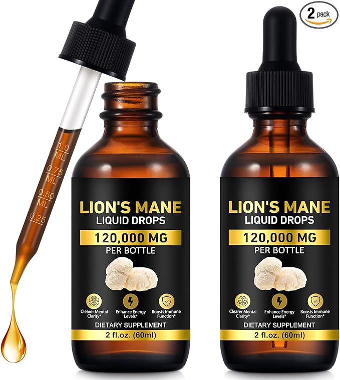 2-Pack Lions ManeMushroom Drops – Brain Supplement 120,000 MG, Memory Focus & Immunity Vitamins, Plant Extract 4 Oz