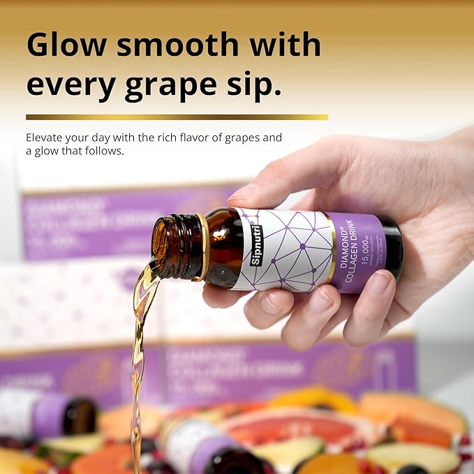 Diamond Collagen Drink -15,000mg Marine Collagen Peptides Liquid Shots for Women & Men, Hydrolyzed with Vitamin C & Pomegranate, Grape Flavor, Supports Skin, Hair & Nail Health-1.69 fl oz x20