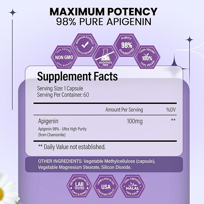 Apigenin Supplement 100mg│98% Highly Purified│Apigenin Supplement for Sleep, Mood, Cognition and Relaxation│Non-GMO, No Fillers - 60 Capsules