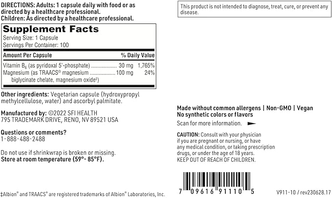Klaire Labs SFI Health P-5-P Plus Magnesium - 30 Milligrams of Bioactive Vitamin B6 Pyridoxal-5-Phosphate with TRAACS Magnesium, Hypoallergenic (100 Capsules)