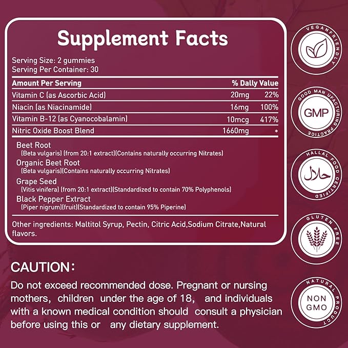 Beet Root Gummies,Super Nitric Oxide Beets Supplement,Grape Seed&Black Pepper Extract,Vitamin C & B12,Supports Blood Pressure&Energy,Mixed Berry,20:1 Beetroot,120 Beet Chews