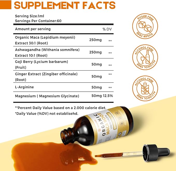 Organic Maca Root Liquid Drops with Ashwagandha,Goji Berry,Ginger,Magnesium and L-Arginine for Women and Men,Ashwagandha Maca Root Supplements Tincture 2 Fl Oz